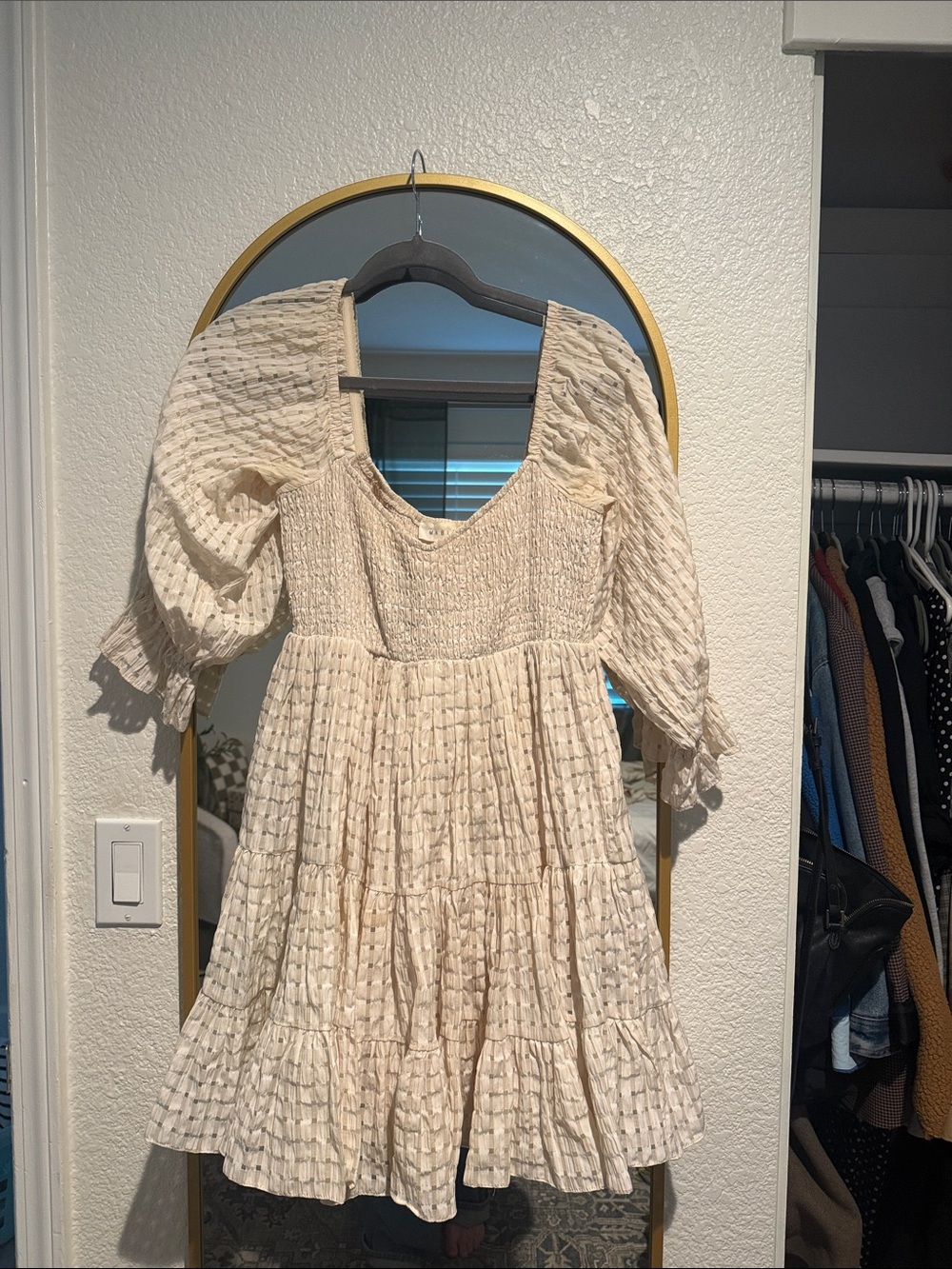 Cream Smocked Tiered Mini Dress with Puff Sleeves